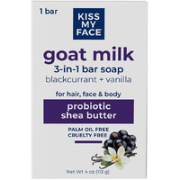 Kiss My Face Goat Milk 3-In-1 Bar Soap - Blackcurrant + Vanilla - Probiotic Bar Soap For Face, Hair, And Body With Shea Butter - Palm Oil-Free And Cruelty-Free Soap (Blackcurrant + Vanilla, Pack Of 1)