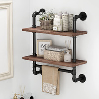 Bosuru Industrial Pipe Bathroom Shelves Rustic Wood Shelves With Towel Bar 24"" Farmhouse Wall Shelf For Wall Pipe Shelving