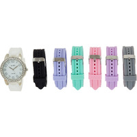 Xoxo Womens Silver-Tone Analog Watch With Crystal-Accent Bezel - 7 Interchangeable Silicone Bands - Stylish Quartz Timepiece With Adjustable Fit - Gift-Ready Box