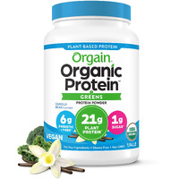 Orgain Organic Vegan Protein Powder + Greens, Vanilla Bean - 21G Plant Based Protein, 6G Prebiotic Fiber For Gut Health, Gluten Free, No Lactose Ingredients, No Sugar Added, Non-Gmo - 1.94Lb
