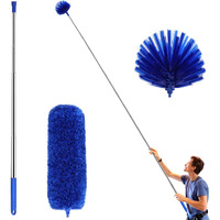 Zz Lazycottage Cobweb Duster With Extension Pole, Washable Cleaning Duster Kit With 2 Duster Heads, Cobweb Duster, Corner Brush, 15-100 Inch Long Aluminum Telescoping Pole For Ceiling Fan (Blue)