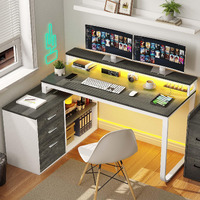 Yitahome L Shaped Desk With Drawers, 55"" Corner Computer Desk With Power Outlets, L-Shaped Desk With Led Lights & File Cabinet For Home Office, White & Grey