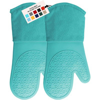 Bpa-Free Soft Silicone Oven Mitts - Ultra Heat Resistant Oven Mitts With Thick Cotton Liner - Long Slip Resistant Pot Holders, Flexible Oven Gloves - Turquoise 13.7""
