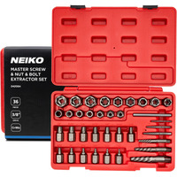 Neiko 04208A Master Screw, Nut, & Bolt Extractor, 36 Piece Lug Nut Removal Tool, 3/8 Dr., Deep And Shallow Stripped Bolt Extractor Socket Set, Rounded Bolt Removal Tool, Nut Remover Socket Set, Cr-Mo