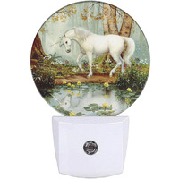 Ekobla Night Lights Plug Into Wall White Unicorn In The Woods Night Light, Unicorn Toys For Girls Boys, Dusk To Dawn Sensor Nightlight Plug In Night Light Home Wall Decor Round Lamp