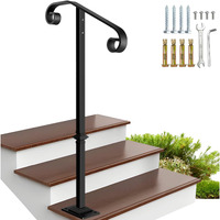 Zwinz Handrail Railing, Single Post Handrail, Sturdy Outdoor Handrails With Base, Wrought Iron Stair Handrail Fits 1 Or 2 Steps, Grab Rail For Steps Porch, Black