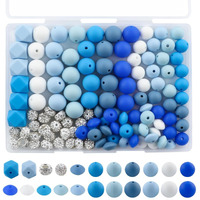Lovyomi 120Pcs Multicolor Silicone Beads Set, 14Mm Hexagon 12Mm 15Mm Silicone Beads For Keychain Making And 10Mm Rhinestone Round Beads Spacer Beads For Pens Crafts(Blue)