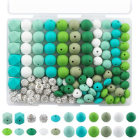 Lovyomi 120Pcs Multicolor Silicone Beads Set, 14Mm Hexagon 12Mm 15Mm Silicone Beads For Keychain Making And 10Mm Rhinestone Round Beads Spacer Beads For Pens Crafts(Green)