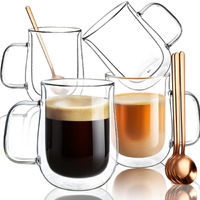 Comome Double Walled Glass Coffee Mugs 16 Oz, Borosilicate Glass Coffee Cups Set Of 4 With Spoons, Insulated Clear Coffee Mug For Hot Beverages, Cappuccino, Latte, Tea Bag.