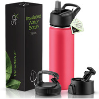 Sipx Triple-Insulated Stainless Steel Water Bottle 18Oz. With 3 Lids, Bpa-Free Reusable Insulated Water Bottle Keeps Cold 24 Hours, (Red)