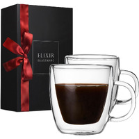 Elixir Glassware Double Wall Espresso Shot Glass - 5.4 Oz - Set Of 2 Glass Coffee Mugs - Double Walled Glass Coffee Mugs, Insulated Clear Glass Espresso Mugs, Double Wall Insulated Glasses
