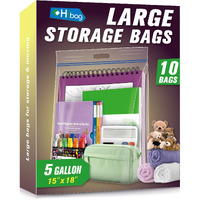 Hibag 5 Gallon Large Storage Bags, 15    X 18    Resealable Clear Bags With Handle, Extra Large Xl Heavy Duty For Clothes Pillow Travel Moving, Pack Of 10