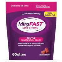 Mirafast Soft Chews, From The Makers Of Miralax, Gentle Constipation Relief In 30Min-6Hrs, Fast Acting Laxative, Stimulant Free Saline Laxative, Magnesium Hydroxide, Mixed Berry Flavor, 60Ct