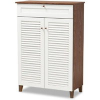 Baxton Studio Coolidge White And Walnut 5-Shelf Wood Shoe Cabinet With Drawer