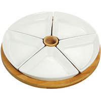 Elama Ceramic Stoneware Condiment Appetizer Set, 7 Piece, Large Round In White And Natural Bamboo