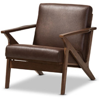 Baxton Studio Bianca Modern Walnut Wood Dark Brown Distressed Lounge Chair Mid-Century/Dark Brown/Walnut Brown/Faux Leather/Rubber Wood/