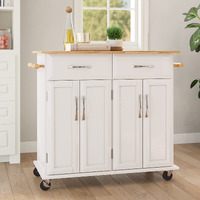 Belleze Rolling Kitchen Island Cart On Wheels With Storage Cabinet, Mobile Kitchen Cart Island Table With 2 Drawers Towel Racks Rubber Wood Top Coffee Bar For Dinning Room, 41.7   Lx18.5   Wx37   H, White