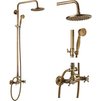 Gotonovo Exposed Bathroom Shower Faucet Set Shower Fixture 8 Inch Rainfall Shower Head Handheld Shower Cross Handle Wall Mount 2 Functions Antique Brass