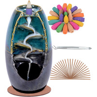 Spacekeeper Ceramic Backflow Incense Holder And Burner Waterfall, With 120 Backflow Incense Cones + 30 Incense Stick, Aromatherapy Ornament Home Decor, Blue Set