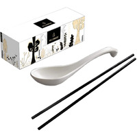 6 White Spoons, 6 Black Chopsticks, By Vallenwood. 12 Pieces Asian Soup Spoons. Not Overpriced. Unbreakable Melamine. Perfect For Japanese And Chinese Food: Ramen, Wonton, Sushi, Miso, Rice, Pho Soup.
