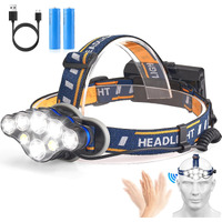Elmchee Rechargeable Headlamp,18000 Lumen Bright 8 Led Head Lamp, 16 Modes Adjustable Motion Sensor Headlight With Red Light, Waterproof Head Flashlight For Outdoor Hiking Camping Blue