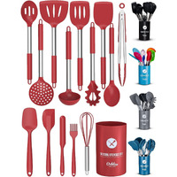 Orblue Silicone Cooking Utensil Set, 14-Piece Kitchen Utensils With Holder, Safe Food-Grade Silicone Heads And Stainless Steel Handles With Heat-Proof Silicone Handle Covers, Red