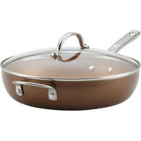Ayesha Curry Home Collection Porcelain Enamel Nonstick Covered Deep Skillet With Helper Handle, 12 Inch Frying Pan, Glass Lid, Brown Sugar