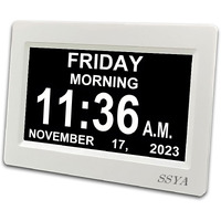 Ssya Digital Calendar Alarm Clock - Dementia Clocks For Vision Impaired, Elderly, Memory Loss Clock With Non-Abbreviated Clock With Date And Day (7 Inch)
