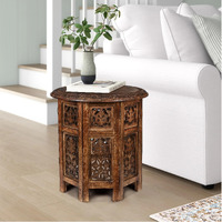 Handcrafted Wooden Round Side Table - Farmhouse Coffee Table, Vintage Accent End Table With Intricate Carvings For Living Room, Bedroom, Entryway, Hallway, Patio D  Cor, Home & Office - 18 Inch Burnt
