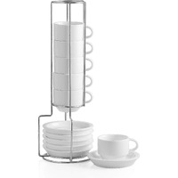 Sweejar Porcelain Espresso Cup & Saucer Set, Stackable Demitasse Cups With Metal Stand, 2.5 Oz For Latte,Coffee,Cafe Mocha,Tea, Set Of 6(White)