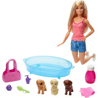 Jamn Barbie Gdj37 - Barbie Pop, Blond, En Speelset Met 3 Pups, Badje En Accessoires, Meerkleurig
