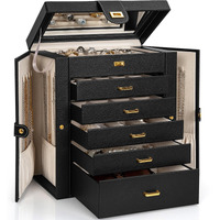 Akozlin Huge Jewelry Box Organizer Functional Extra Large Leather Jewelry Storage Case For Women Girls Ring Necklace Earring Bracelet Holder Organizer With Mirror Black