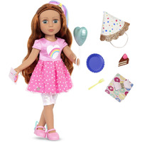 Glitter Girls - Cicely 14-Inch Poseable Birthday Party Doll - Red Hair & Green Eyes - Rainbow Heart Dress, Birthday Hat, Cake, Balloon, Gift - Toys, Clothes, And Accessories For Kids Ages 3+