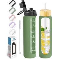 Nefeeko 32 Oz Glass Water Bottles With Straw, Time Marker, Motivational 1 Liter Bpa Free Leakproof Reusable Glass Water Bottle With Silicone Sleeve, Bamboo, Spout Lid