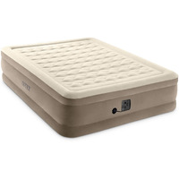 Intex Ultra Plush Fiber-Tech 18 Inch High Queen Inflatable Airbed Elevated Air Mattress With Built-In Pump, Flocked Top, And Carry Bag, Tan