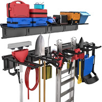 Torack Garage Storage Organizer Systems, Wall Mount Overhead Shelving, 48 Inch Heavy Duty Steel Tool Racks, 6-Pack 12'' Double Hooks, 48 Inch By 7 Inch Floating Shelves, Up To 1200Ibs