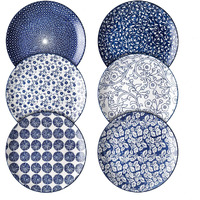 Selamica 10 Inch Porcelain Dinner Plates, Large Size Serving Plate For Salad, Pancakes, Steak, Set Of 6, Vintage Blue
