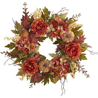 Nearly Natural 24In. Peony, Hydrangea And Pumpkin Fall Artificial Wreath