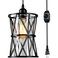 Hmvpl Farmhouse Plug In Pendant Light, Outdoor Swag Lamp With Plug In Cord On/Off Dimmer, Plug In Hanging Light Fixture For Dining Room Bedroom Kitchen Island(1 Pack)