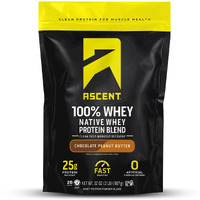 Ascent 100% Whey Protein Powder - Post Workout Whey Protein Isolate, Zero Artificial Flavors & Sweeteners, Gluten Free, 5.5G Bcaa, 2.6G Leucine, Essential Amino Acids, Chocolate Peanut Butter 2 Lb