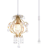 Surpars House Elegant Mini Chandelier Plug In Crystal Pendant Light,Golden