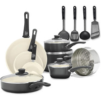 Greenlife Soft Grip 16 Piece Cookware Set, Non-Toxic Pfas-Free Ceramic Nonstick, Frying, Sauce, Saute, Utensils, Glass Lids, Stay-Cool Handles, Wobble Free, Dishwasher & Oven Safe, Black And Cream