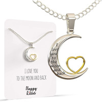 Happy Kisses I Love You To The Moon And Back Pendant Necklace, 18-Inch Silver And Gold