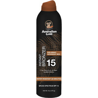 Australian Gold Continuous Spray Sunscreen With Instant Bronzer Spf 15, Immediate Glow & Dries Fast, Broad Spectrum, Water Resistant, Non-Greasy, Vegan And Peta Approved, Cocoa Dreams Scent, 6 Ounce