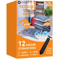 12 Pack Vacuum Storage Bags (3 X Jumbo, 3 X Large, 3 X Medium, 3 X Small), Space Saver Sealer Compression Bags With Travel Hand Pump For Blankets, Comforters, Pillows, Clothes Storage