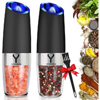 Yayayoung Gravity Electric Grinder Set Of 2,Automatic Pepper And Salt Mill Grinder With Blue Led Light,Electric Pepper Mill With Adjustable Coarseness,Refillable,Salt And Pepper Shaker,Pepper Grinder
