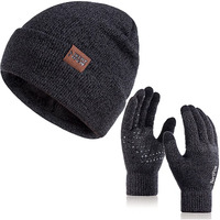 Winter 1-3 Pcs Beanie Hat Gloves Scarf For Men And Women, Knit Thick Fleece Lined Warm Touchscreen Gloves Beanie Infitiny Scarf Set (Gloves&Beanie Black Dark Gray)
