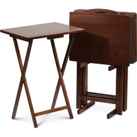 Pj Wood 5 Piece Set, 4 Folding Wooden Tv Tray Snack Tables With Storage Rack, Honey Oak