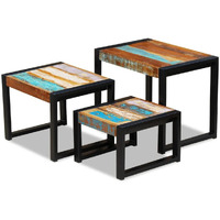 Vidaxl Side Table Set Of 3 - Solid Reclaimed Wood Nesting End Table/Coffee Table - Industrial Style, Steel Frame, Multicolour