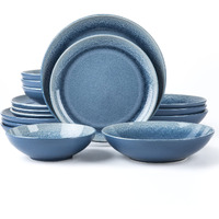 Arora Fait Round Stoneware 16Pc Double Bowl Dinnerware Set For 4, Dinner Plates, Side Plates, Cereal Bowls, Pasta Bowls - Reactive Glaze Blue (449322)